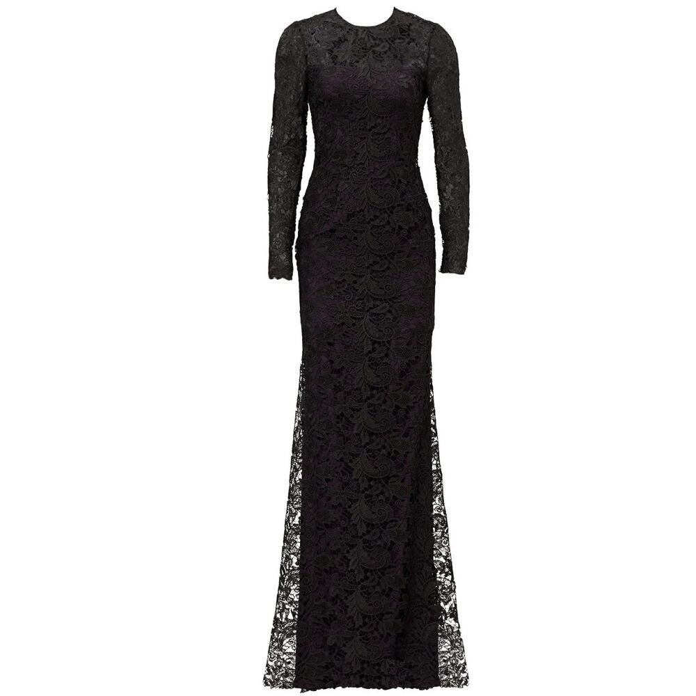 ML Monique Lhuillier Black Lace Illusion Back Column Gown Plum Lining 16 EUC - Picture 2 of 5